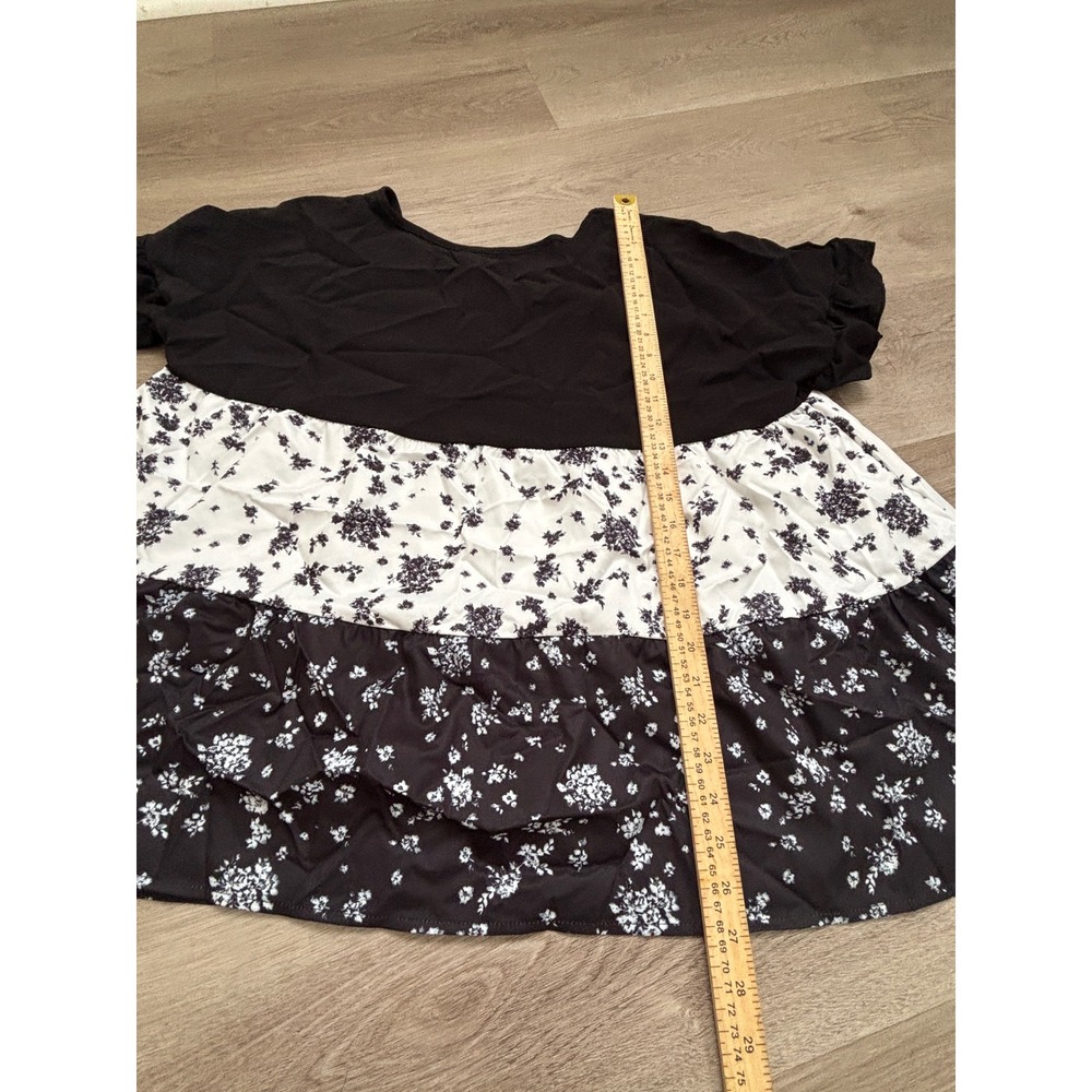 Black White Floral Tiered Ruffle Babydoll Top Short Sleeve Blouse XL - Picture 3 of 4